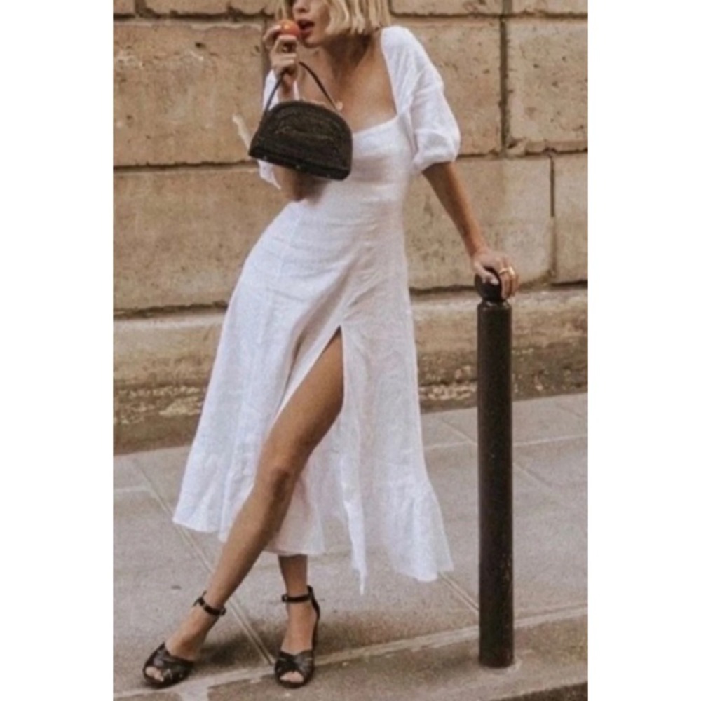 Reformation Belgium White Linen Puff Sleeve Midi Dress Smocked Back Slit Size 8
